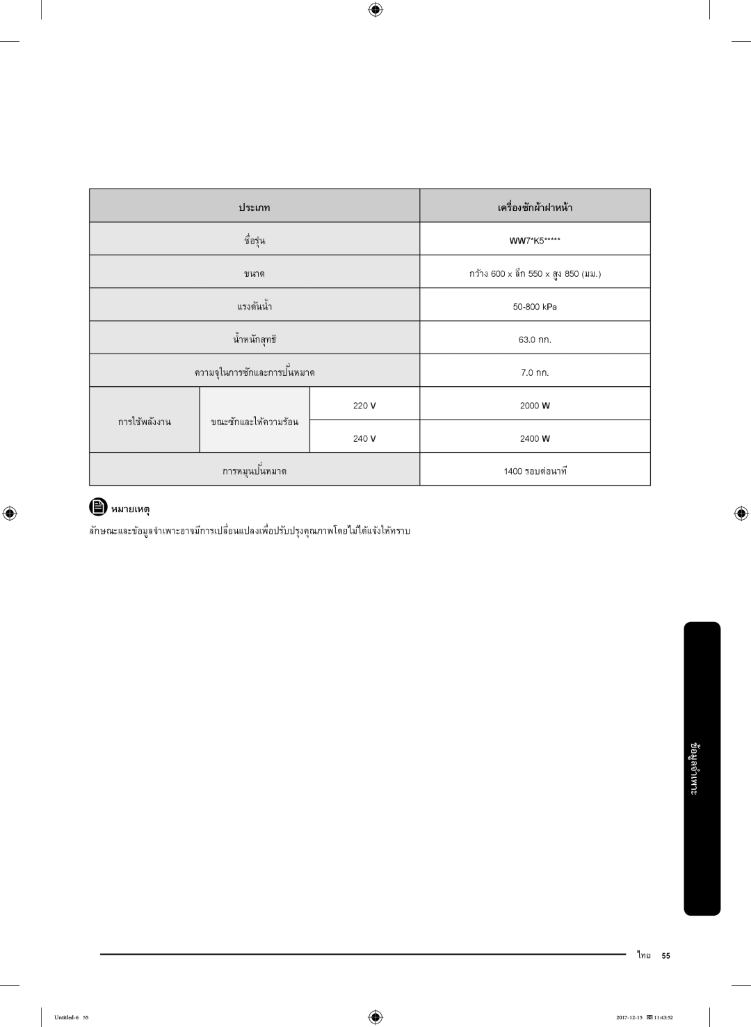 Samsung WW85K54E0UW/SV, WW85K54E0UX/SV, WW90K52E0WW/SV, WW80K52E0WW/SV, WW90K54E0UW/SV manual ไทย 55  